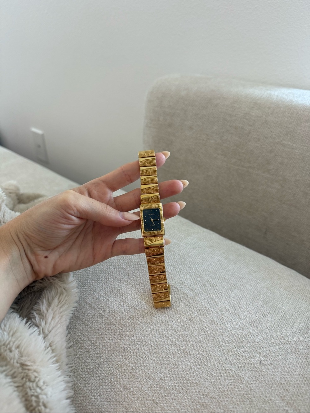 Vintage 80s Gold Tone Rectangular Watch - Textured Bark Bracelet, Black Dial